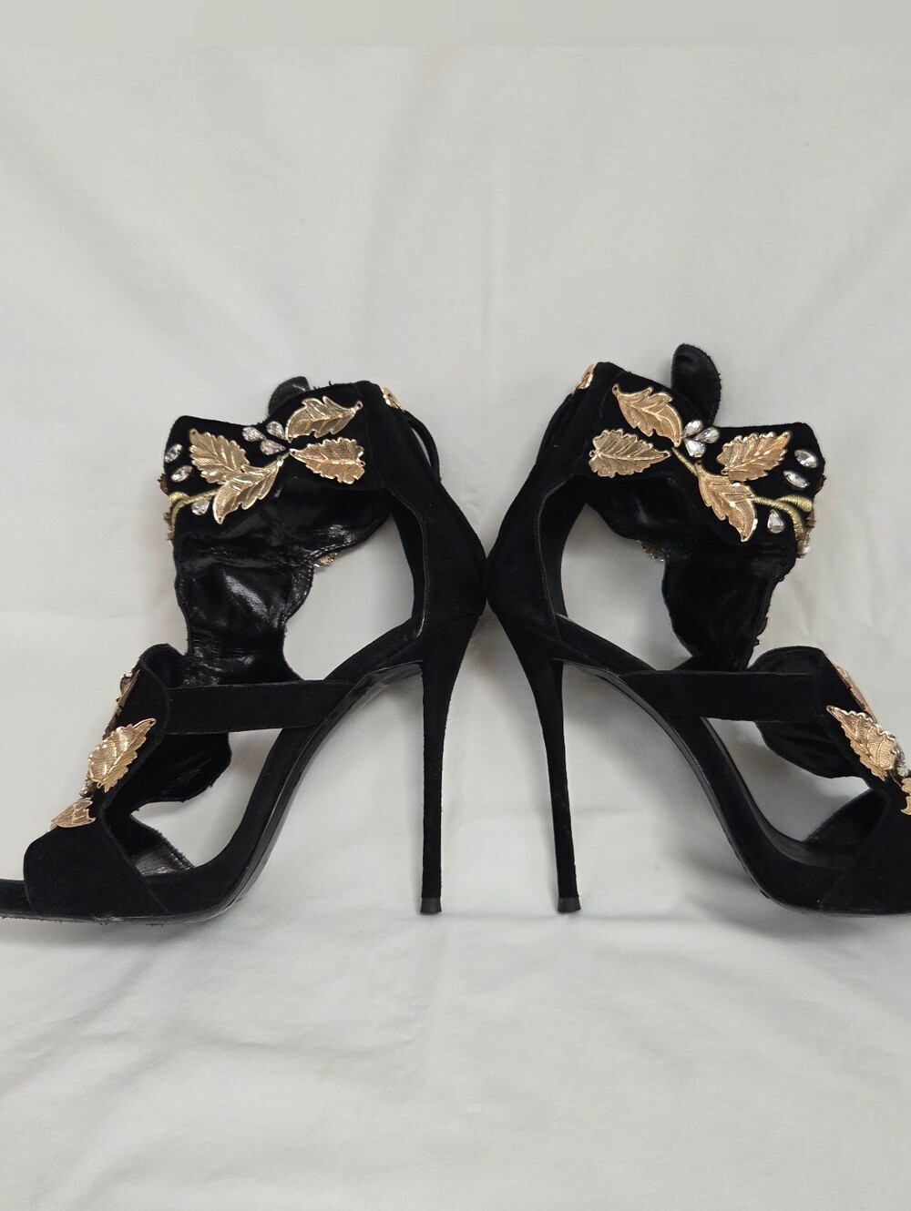 Giuseppe Zanotti Coline Black Suede Gold Leaf Stiletto Heels 39 - Picture 4 of 15